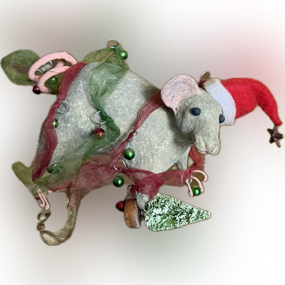 Bethany Lowe Christmas Mouse with Santa Hat holding tree...